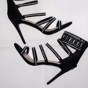 Yoki Black and Jeweled Strap Zip-Up Heels